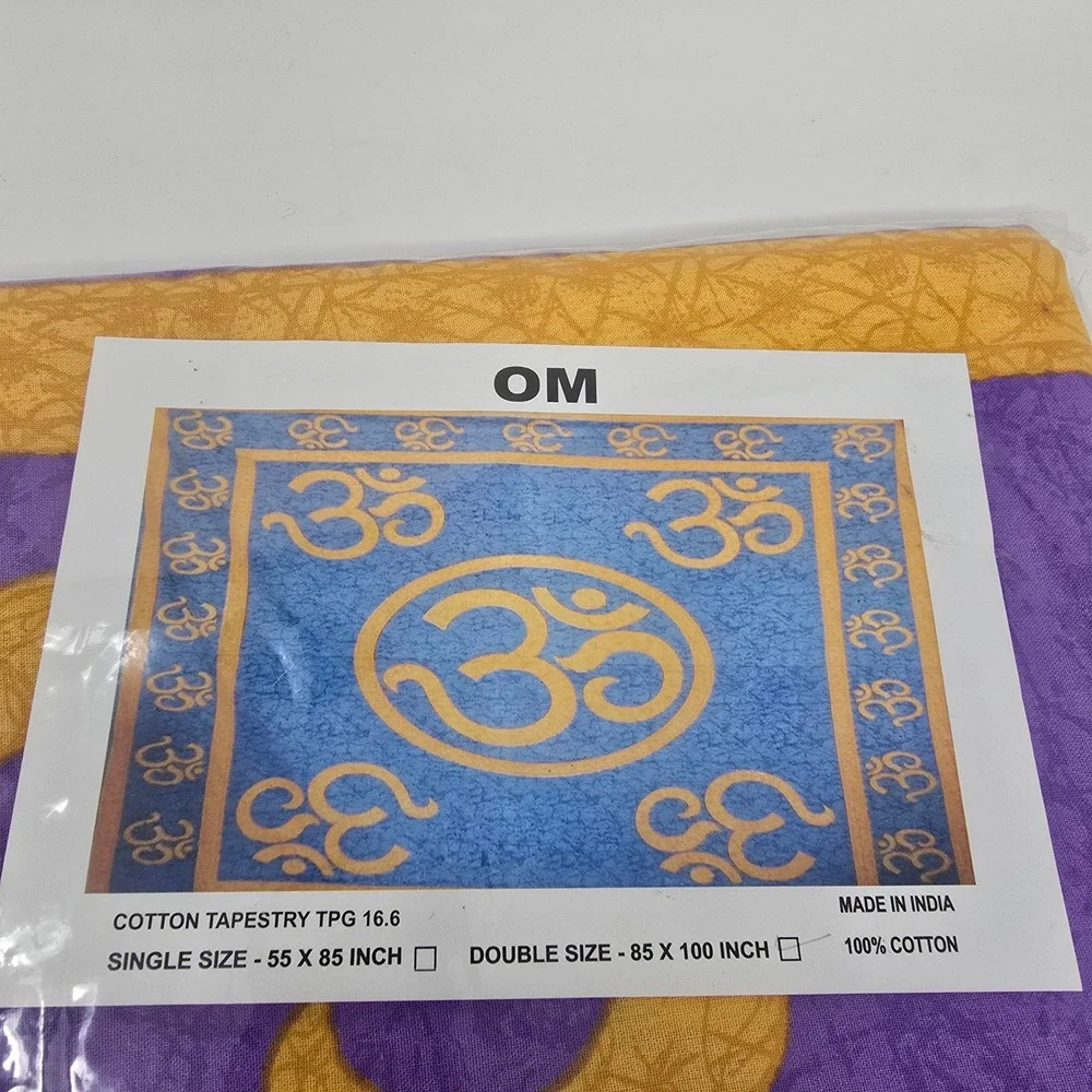 Om Symbol Cotton Tapestry Double Size 85x100 Purple Gold Blue Yoga Decor India